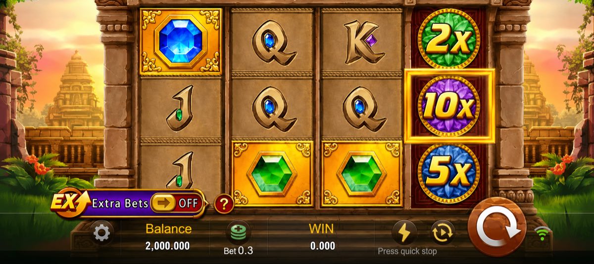 Pantalla de Fortune Gems con la retícula de 3x3 y el carrete lateral de multiplicador