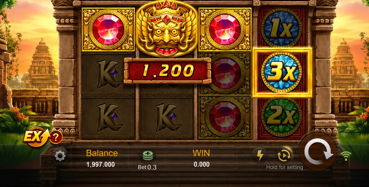 Jugada premiada en Fortune Gems con el comodín de Garuda y el multiplicador de 3x